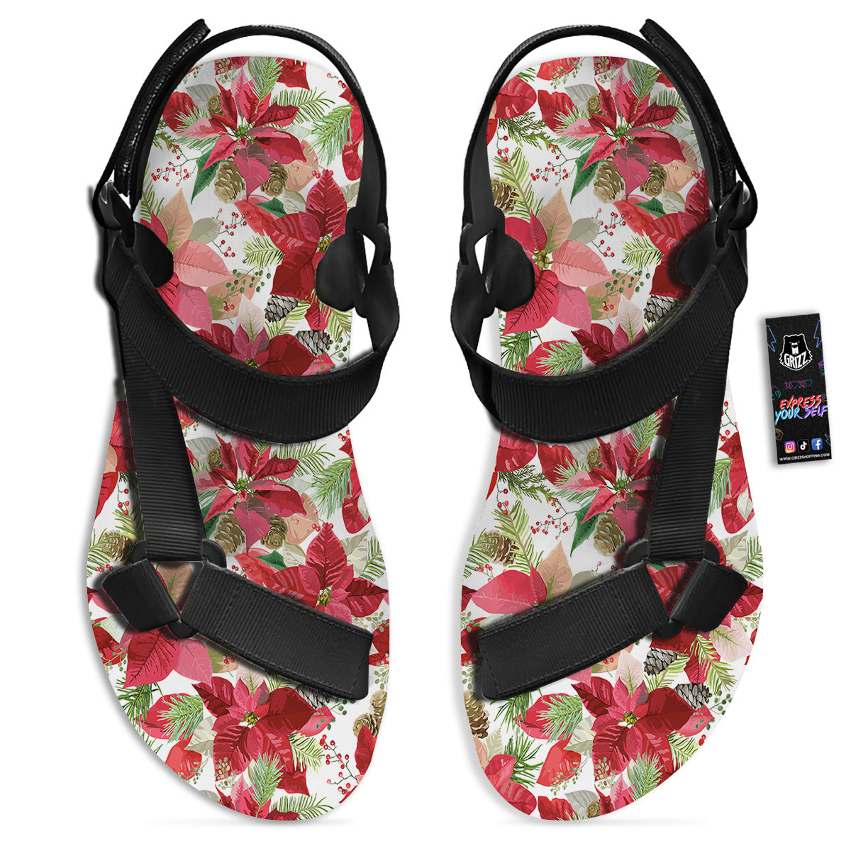 Flower Poinsettia Print Pattern Black Open Toe Sandals-grizzshop