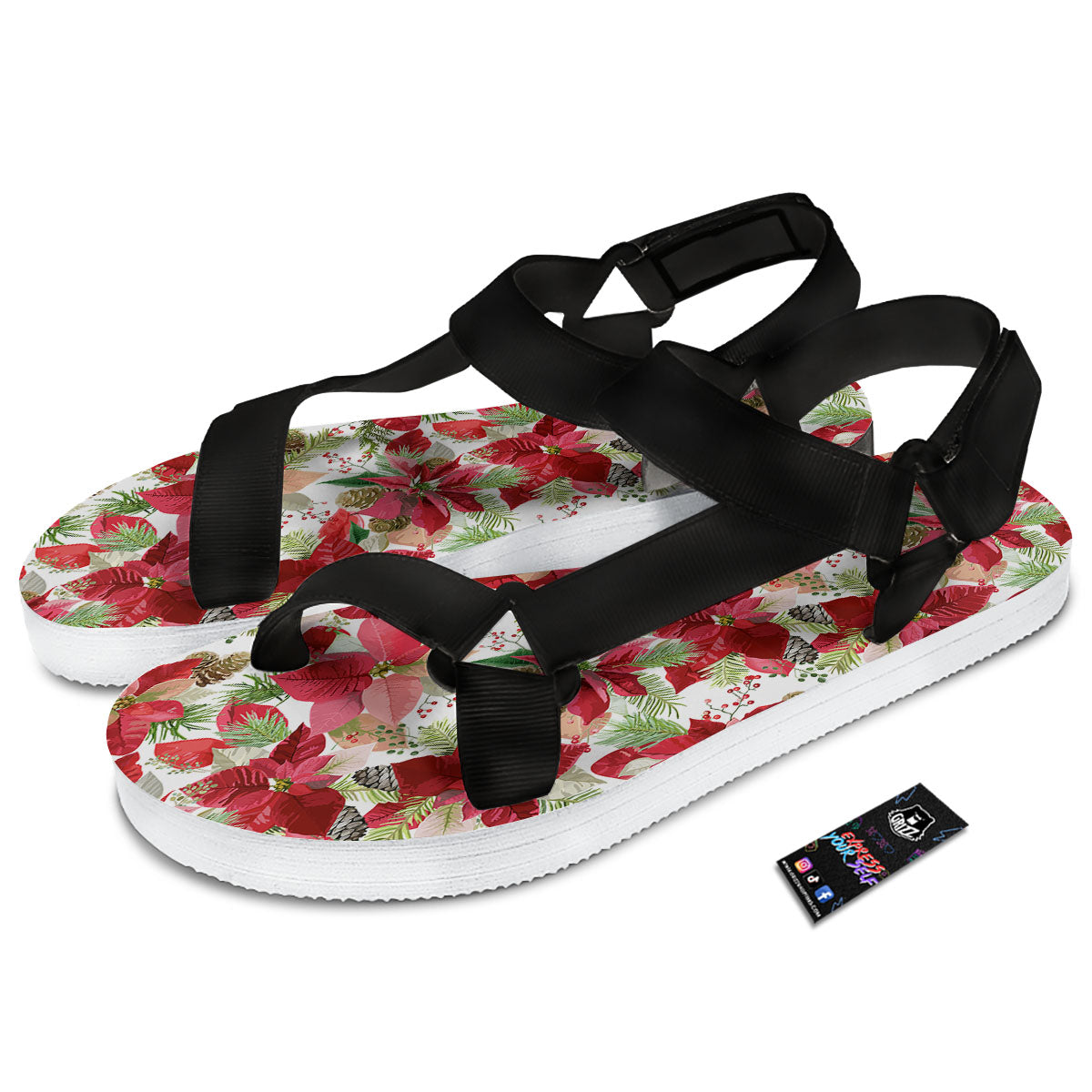 Flower Poinsettia Print Pattern Black Open Toe Sandals-grizzshop