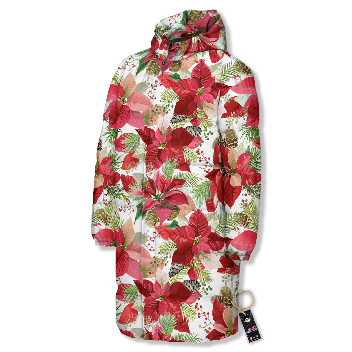 Flower Poinsettia Print Pattern Long Down Jacket-grizzshop