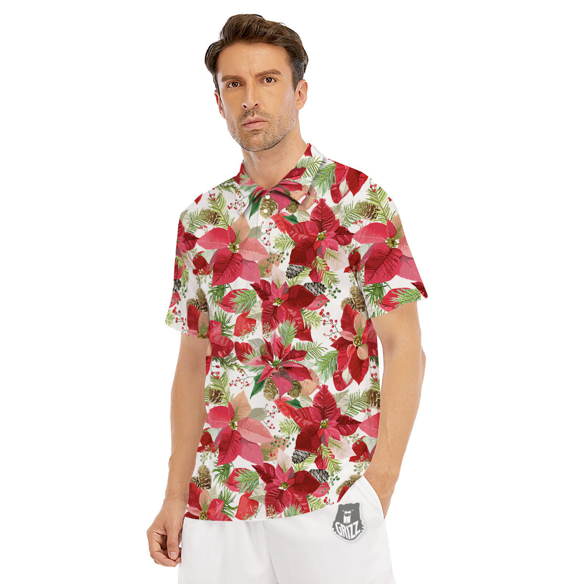 Flower Poinsettia Print Pattern Men's Golf Shirts-grizzshop