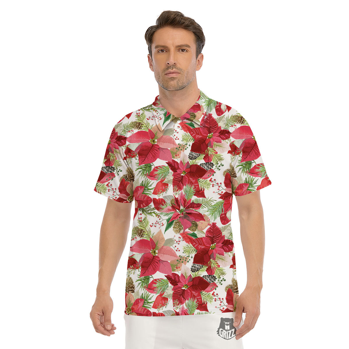 Flower Poinsettia Print Pattern Men's Golf Shirts-grizzshop