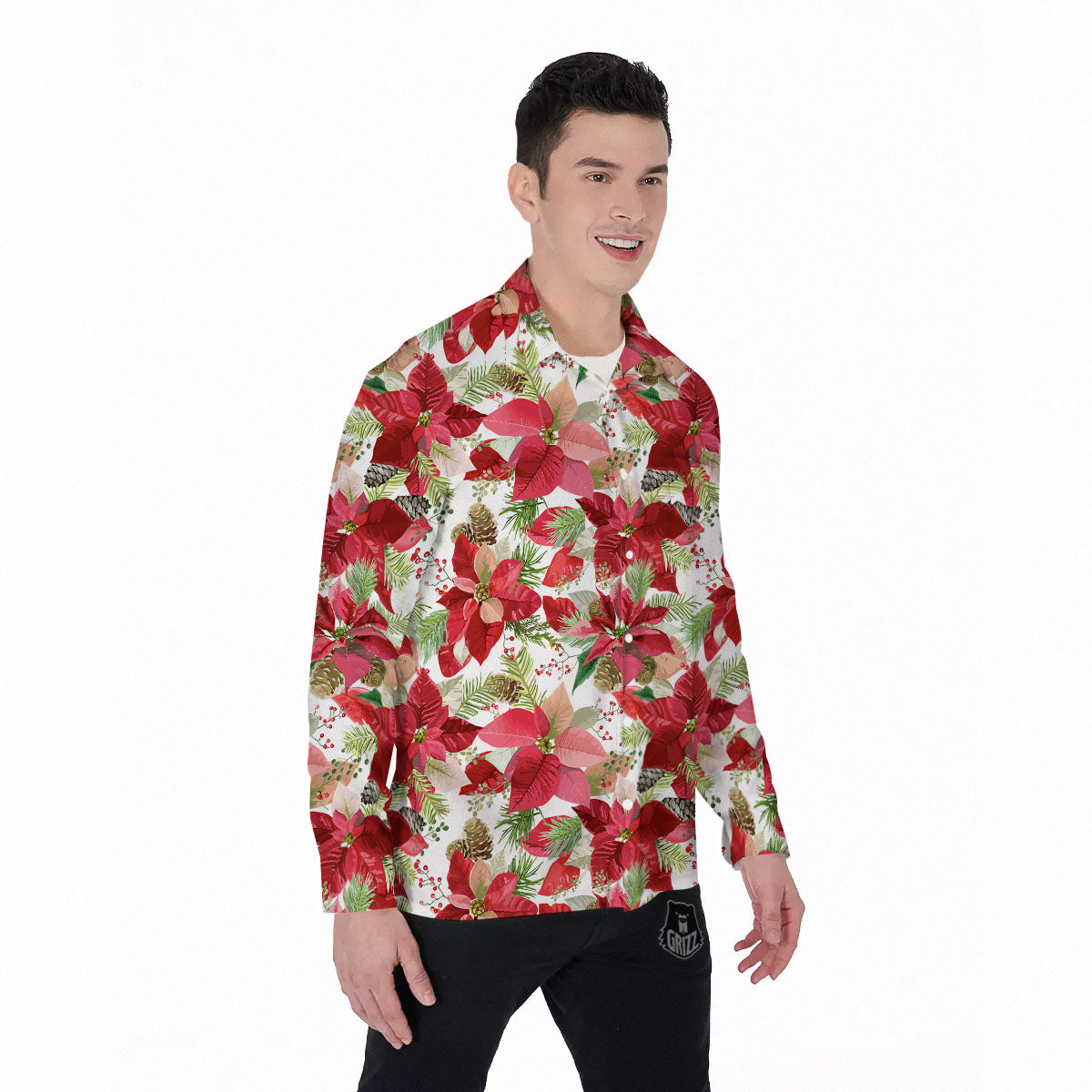 Flower Poinsettia Print Pattern Men's Long Sleeve Shirts-grizzshop