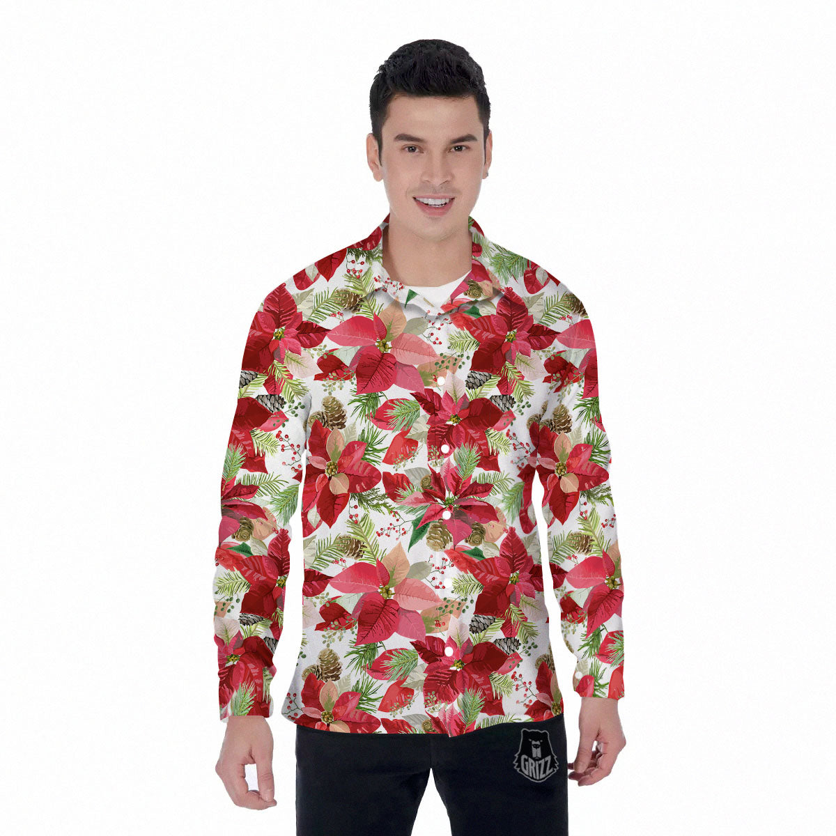 Flower Poinsettia Print Pattern Men's Long Sleeve Shirts-grizzshop