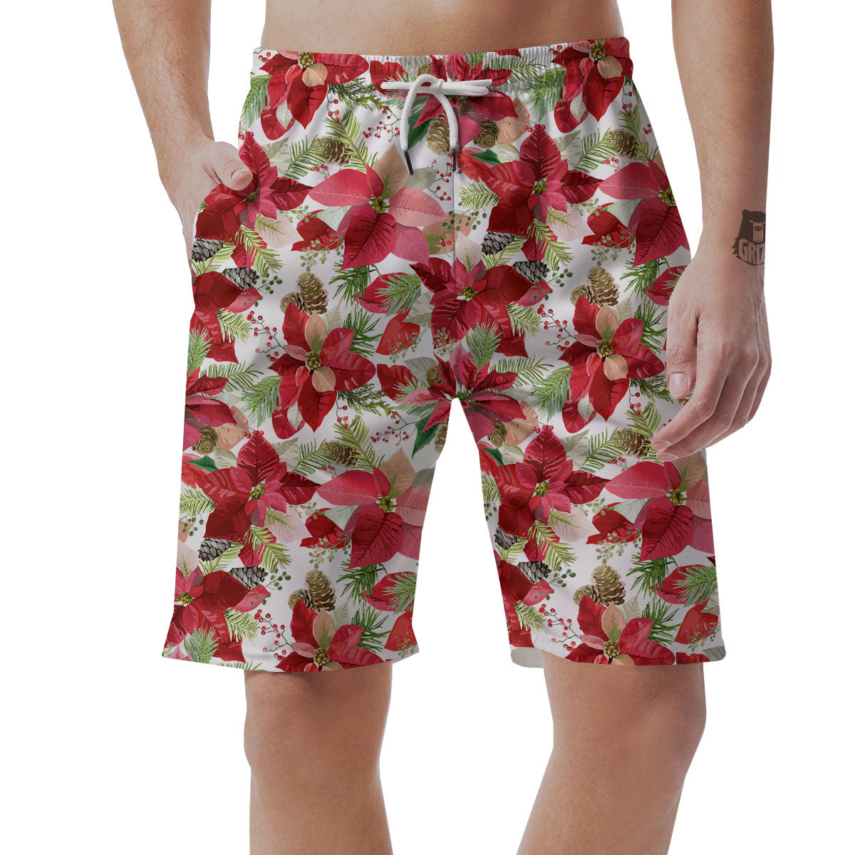 Flower Poinsettia Print Pattern Men's Shorts-grizzshop