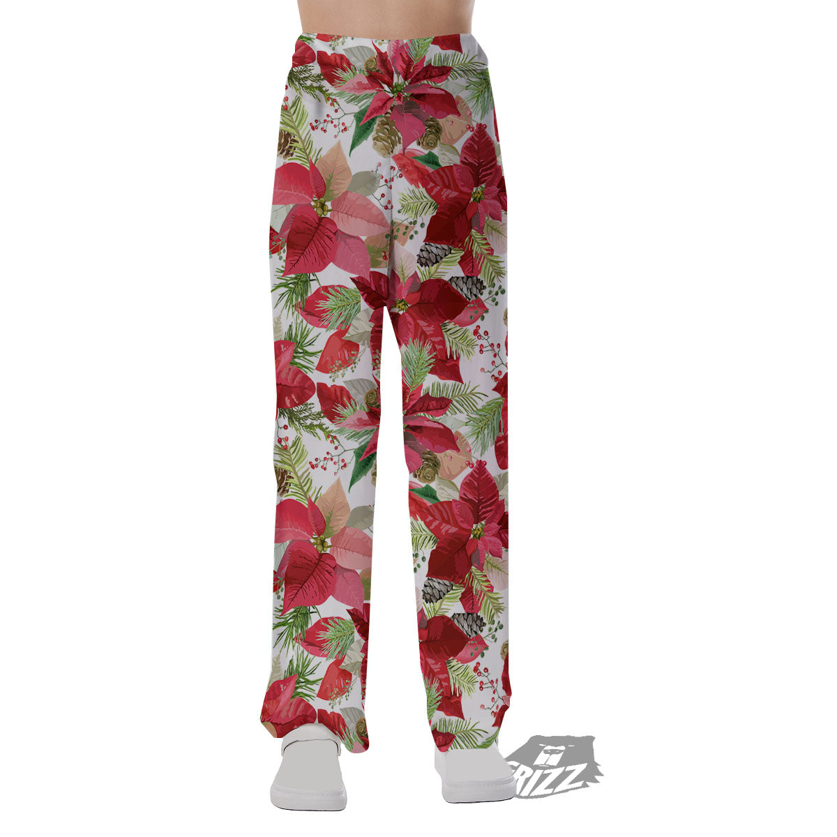 Flower Poinsettia Print Pattern Pajama Pants-grizzshop