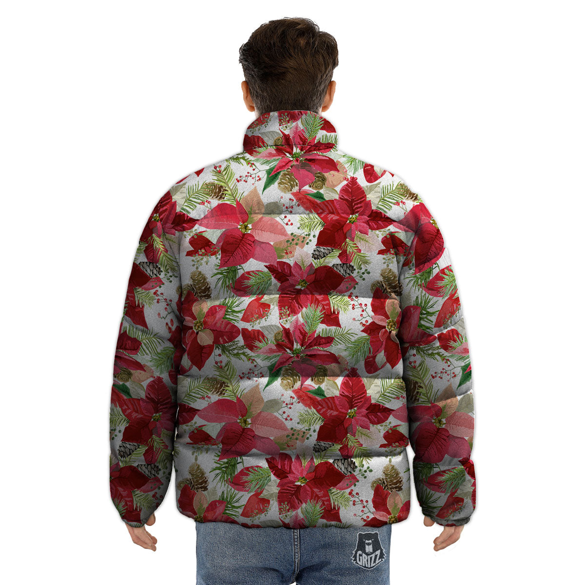 Flower Poinsettia Print Pattern Puffer Jacket-grizzshop