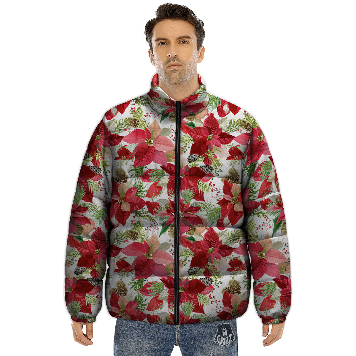 Flower Poinsettia Print Pattern Puffer Jacket-grizzshop