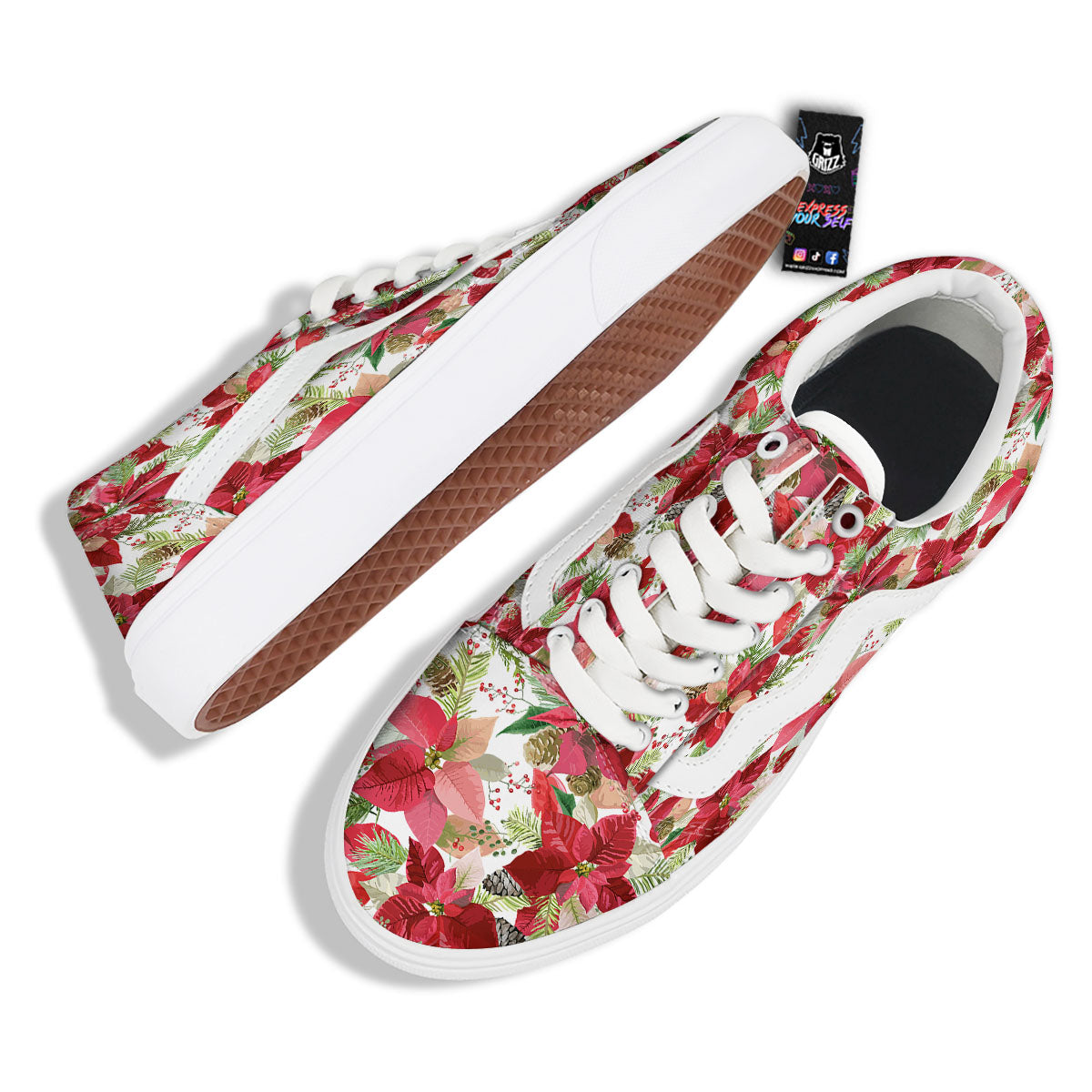 Flower Poinsettia Print Pattern Skate Shoes-grizzshop