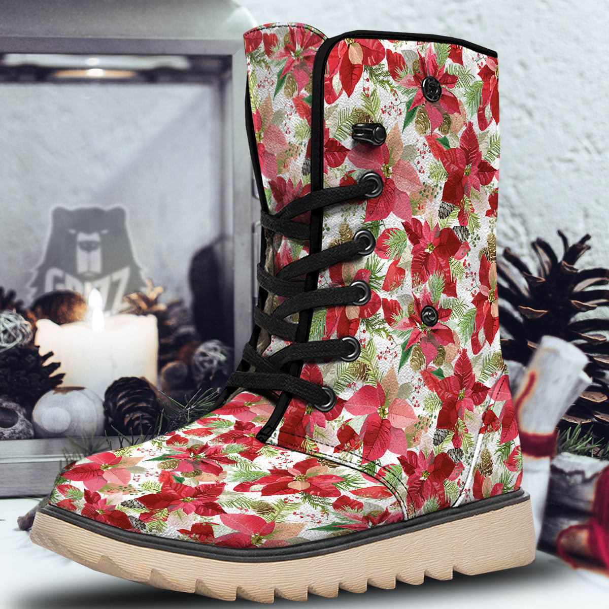 Flower Poinsettia Print Pattern Snow Boots-grizzshop