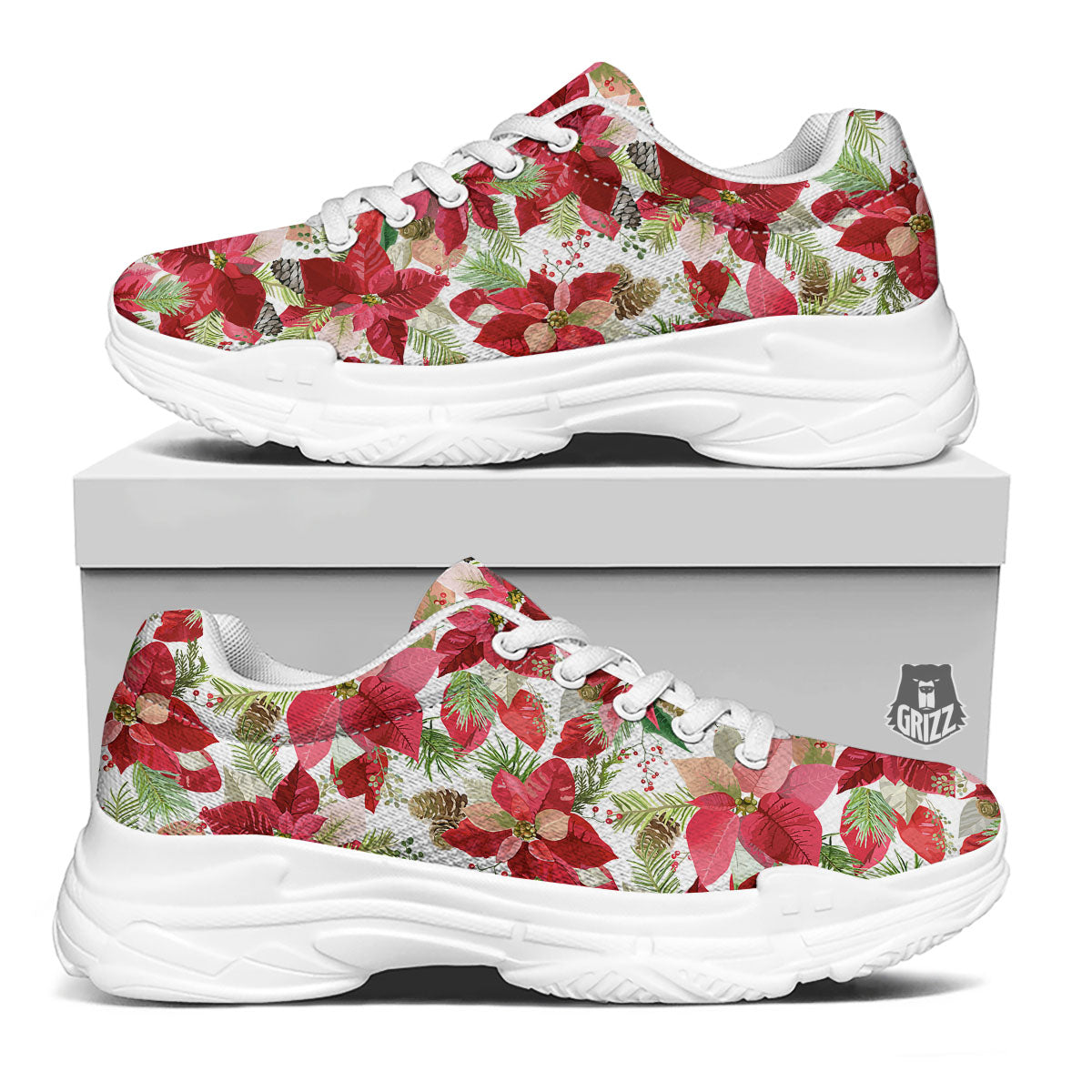 Flower Poinsettia Print Pattern White Chunky Shoes-grizzshop