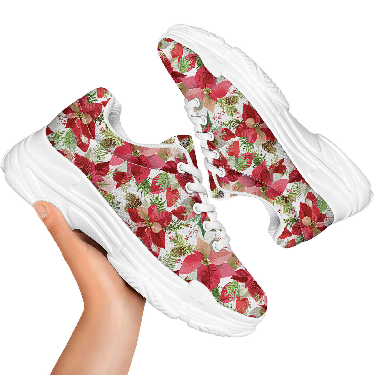 Flower Poinsettia Print Pattern White Chunky Shoes-grizzshop