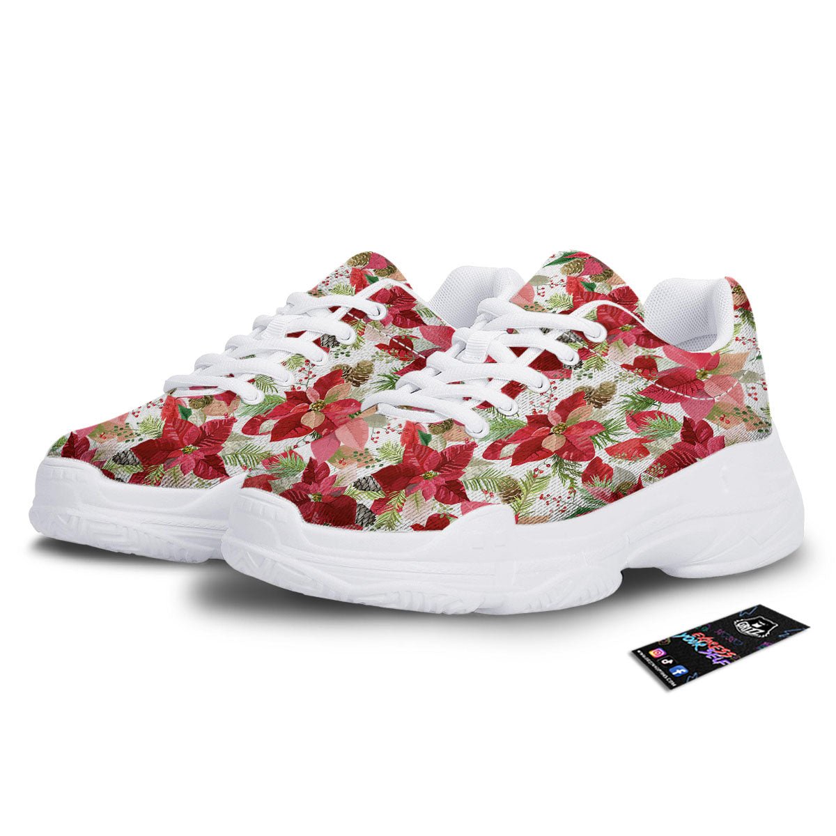 Flower Poinsettia Print Pattern White Chunky Shoes-grizzshop