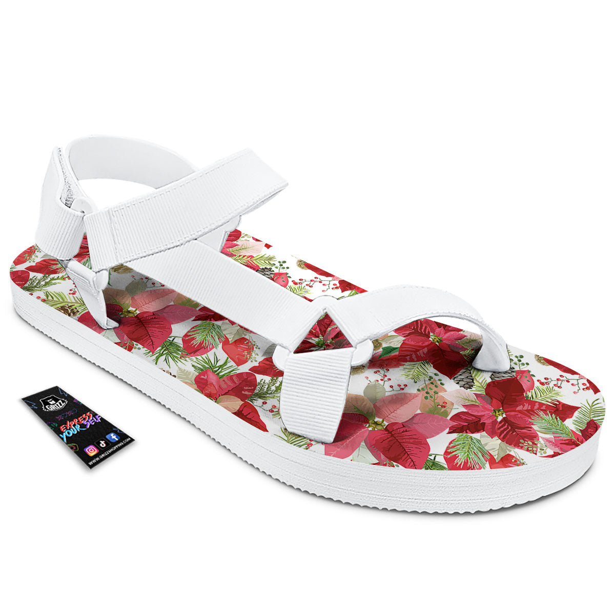 Flower Poinsettia Print Pattern White Open Toe Sandals-grizzshop