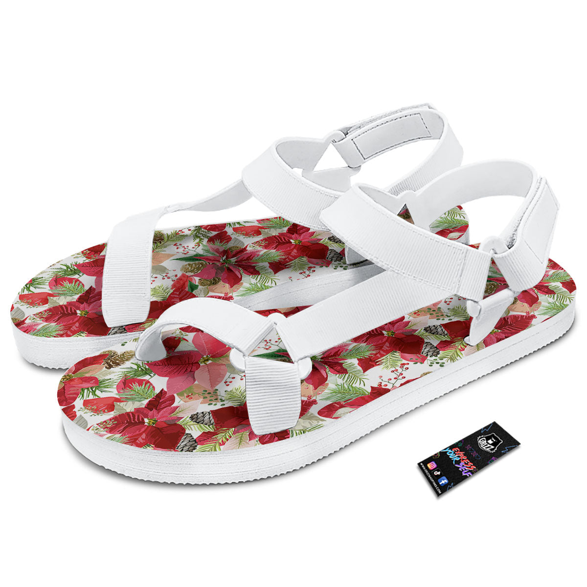 Flower Poinsettia Print Pattern White Open Toe Sandals-grizzshop