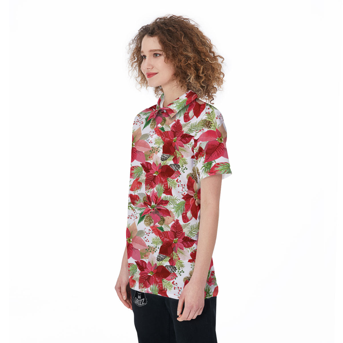 Flower Poinsettia Print Pattern Women's Golf Shirts-grizzshop