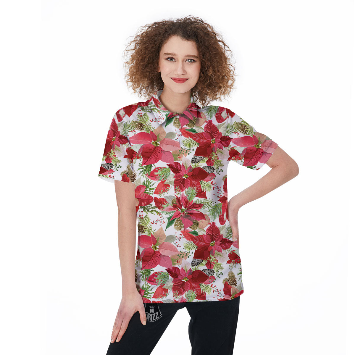 Flower Poinsettia Print Pattern Women's Golf Shirts-grizzshop