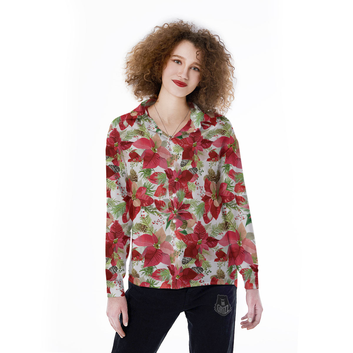 Flower Poinsettia Print Pattern Women's Long Sleeve Shirts-grizzshop