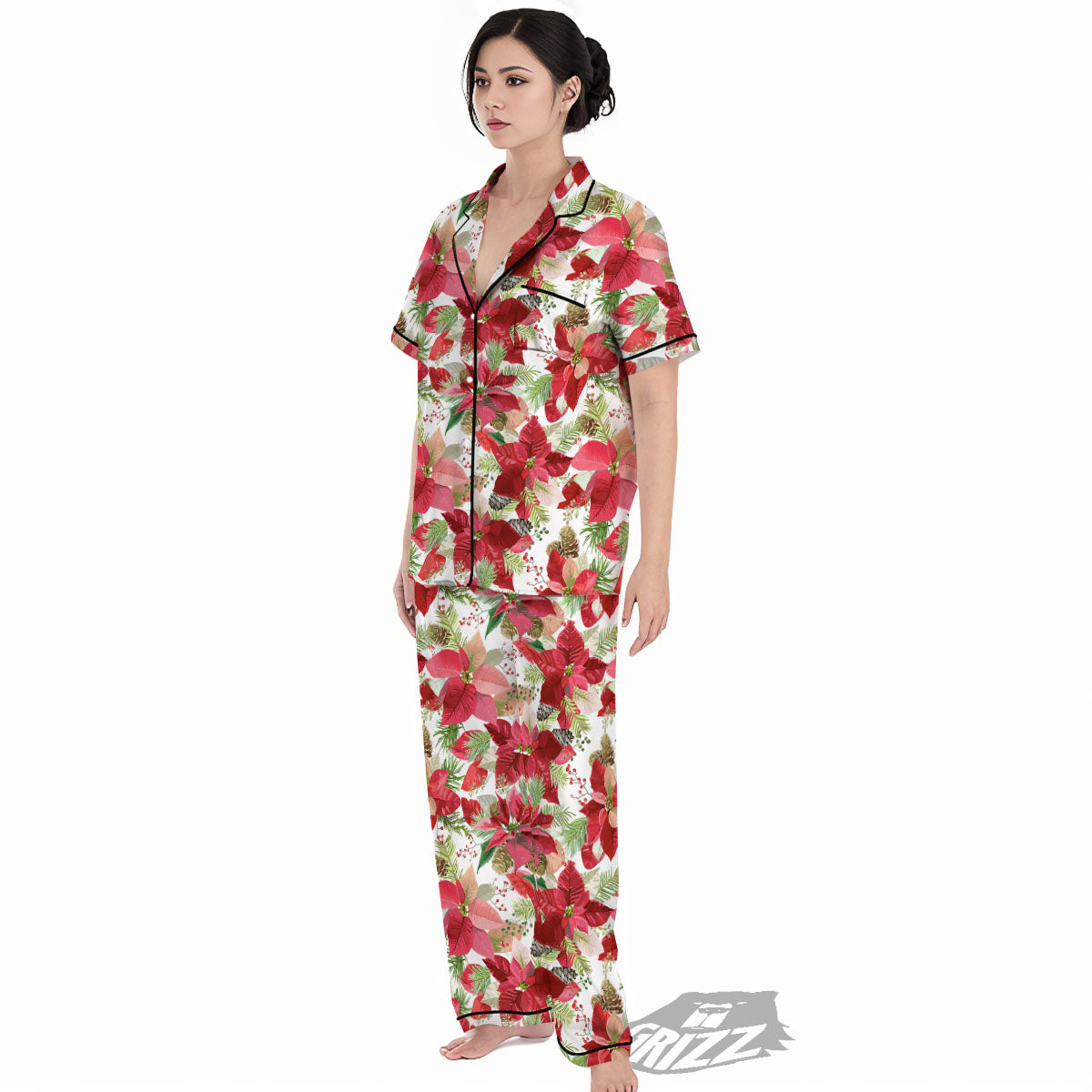 Flower Poinsettia Print Pattern Women's Pajamas Set-grizzshop