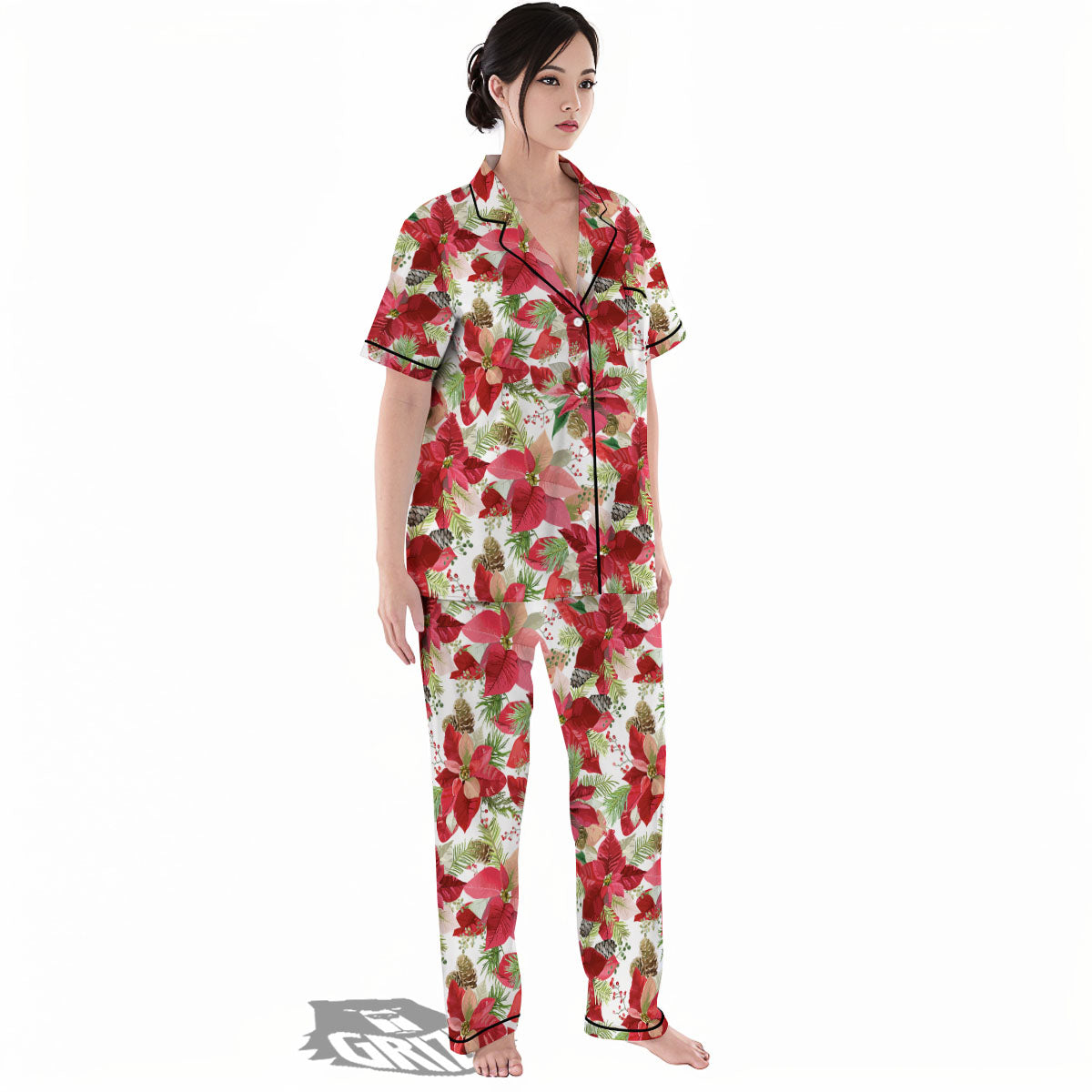 Flower Poinsettia Print Pattern Women's Pajamas Set-grizzshop