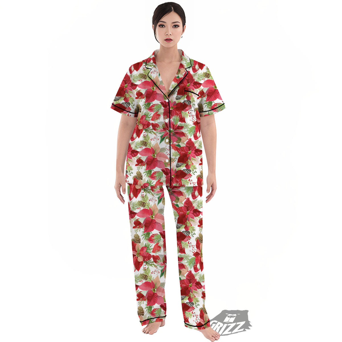 Flower Poinsettia Print Pattern Women's Pajamas Set-grizzshop