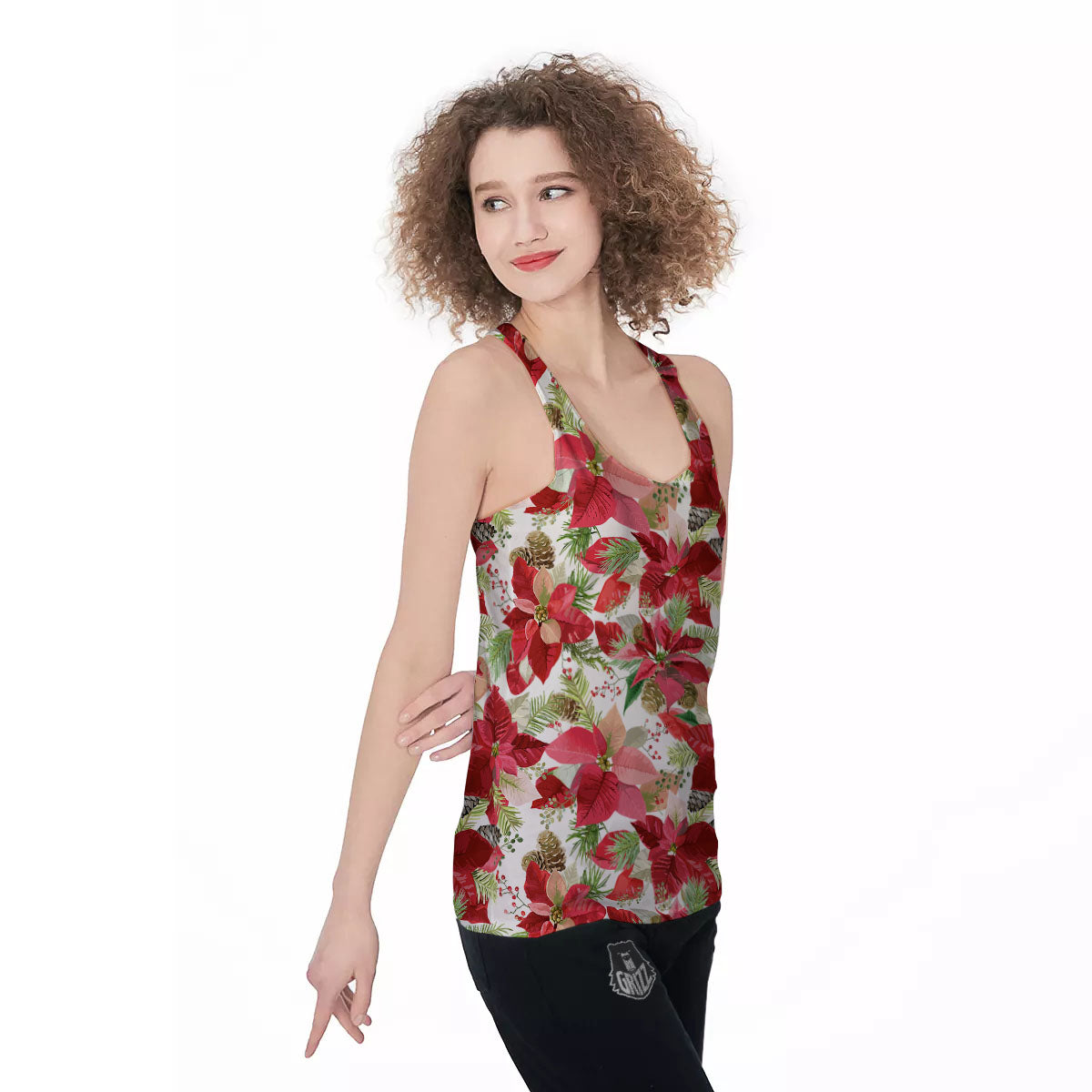 Flower Poinsettia Print Pattern Women's Racerback Tank Top-grizzshop
