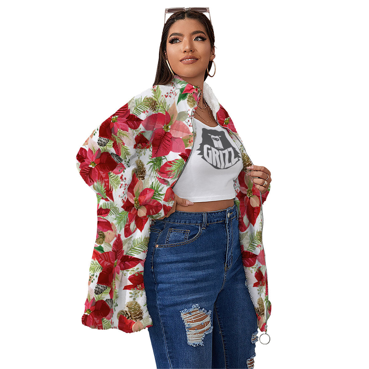 Flower Poinsettia Print Pattern Women's Sherpa Jacket-grizzshop