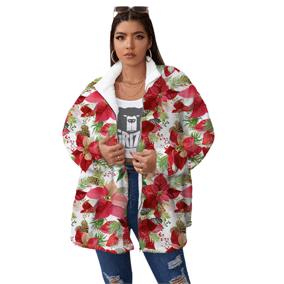 Flower Poinsettia Print Pattern Women's Sherpa Jacket-grizzshop