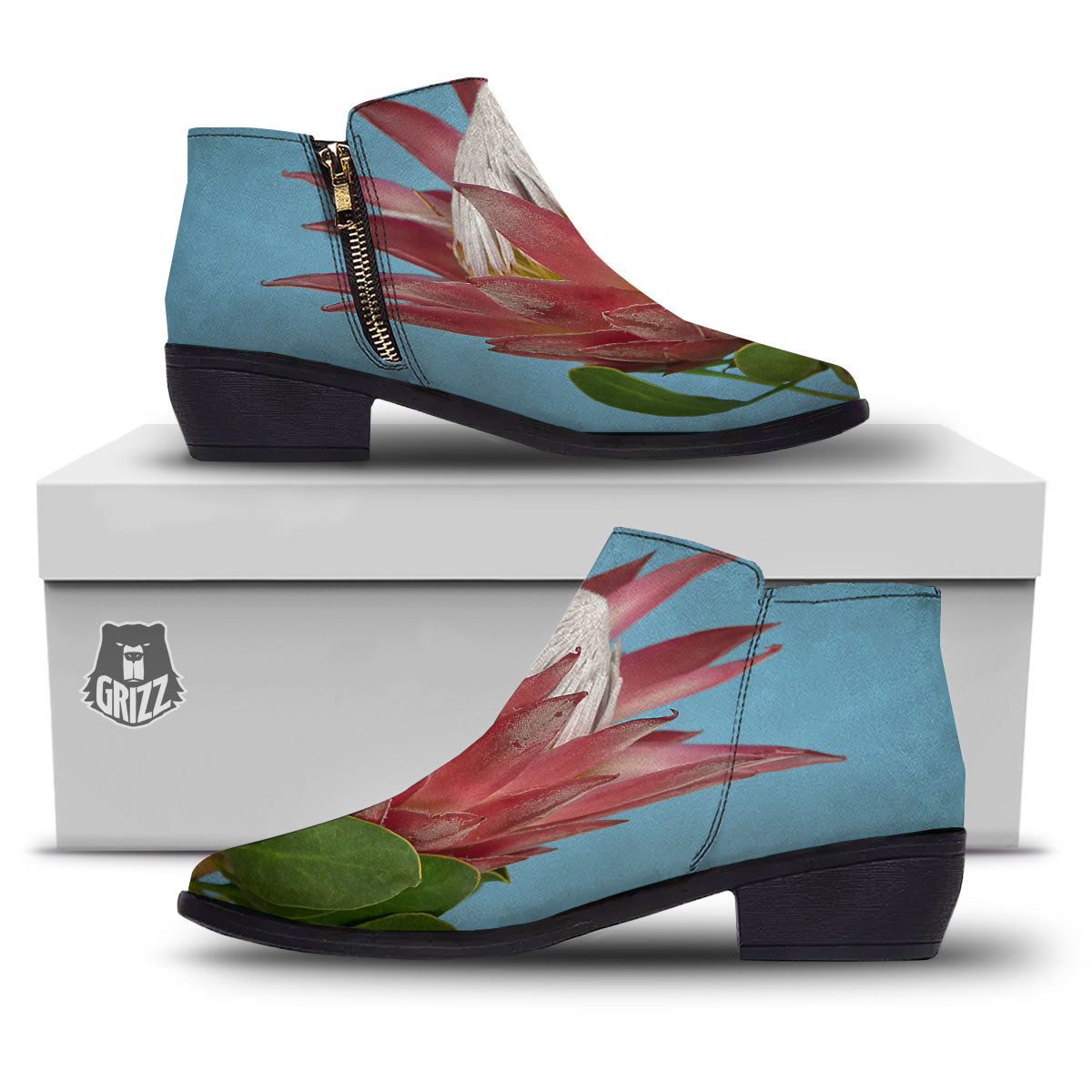 Flower Protea Print Ankle Boots-grizzshop