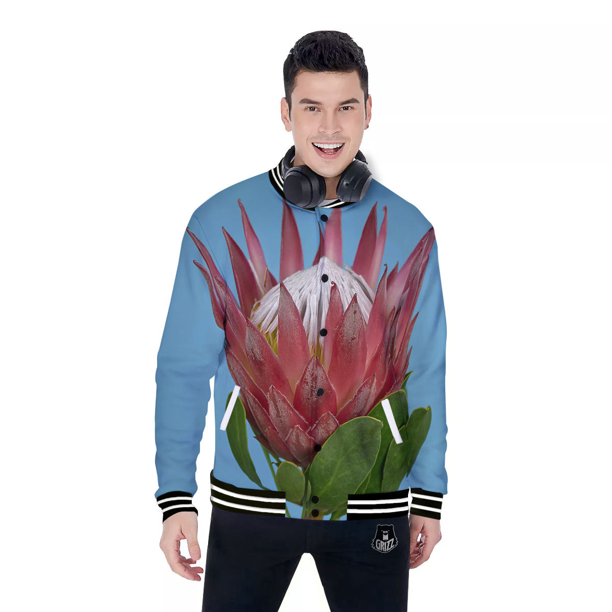 Flower Protea Print Baseball Jacket-grizzshop