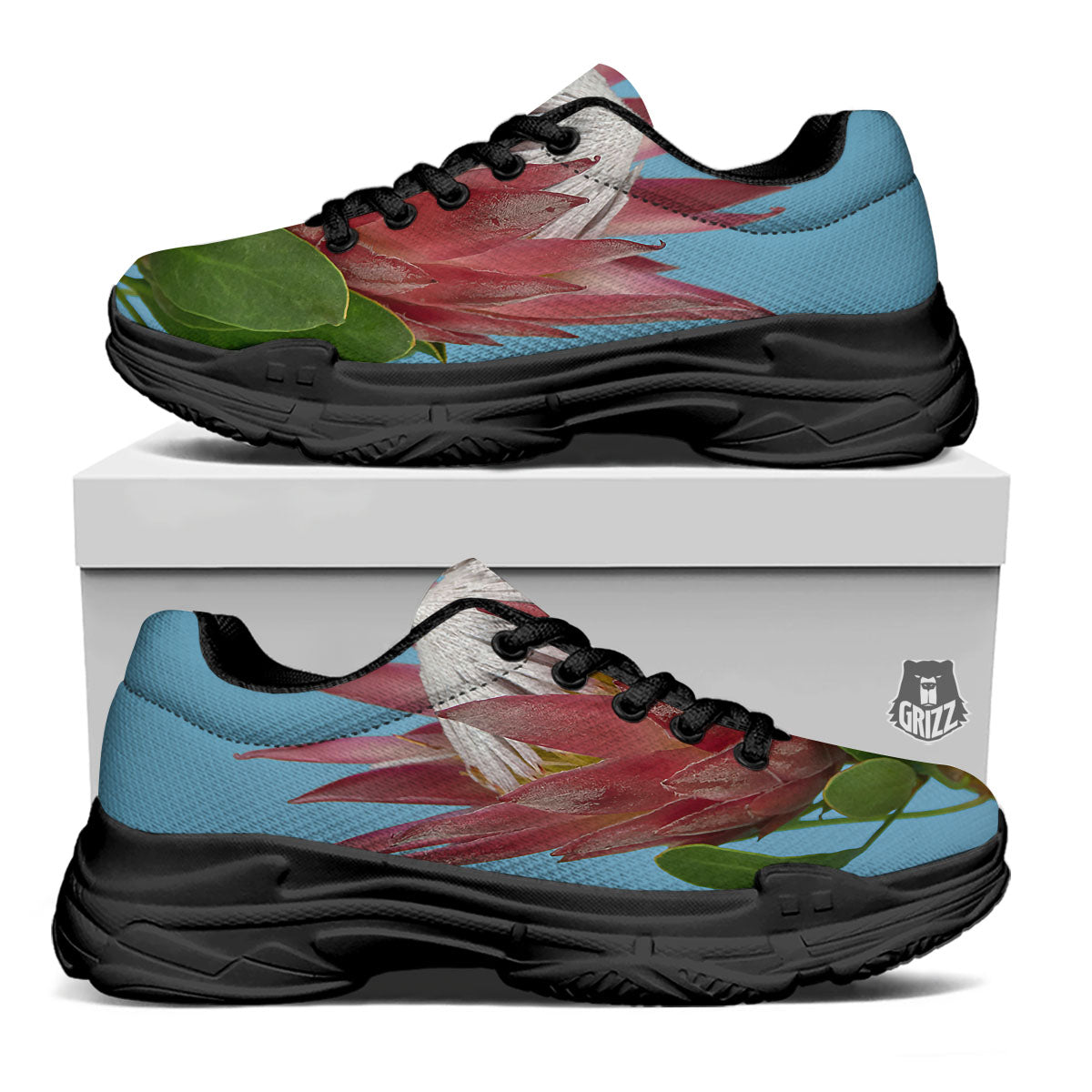 Flower Protea Print Black Chunky Shoes-grizzshop