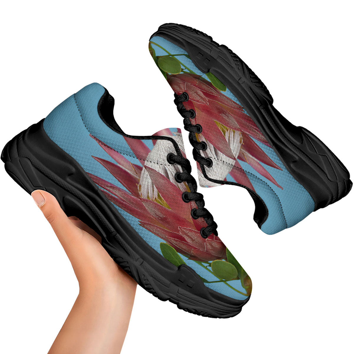 Flower Protea Print Black Chunky Shoes-grizzshop
