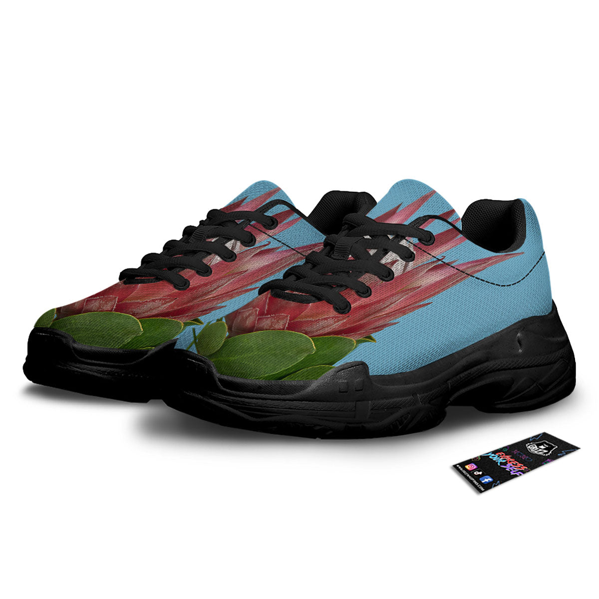 Flower Protea Print Black Chunky Shoes-grizzshop