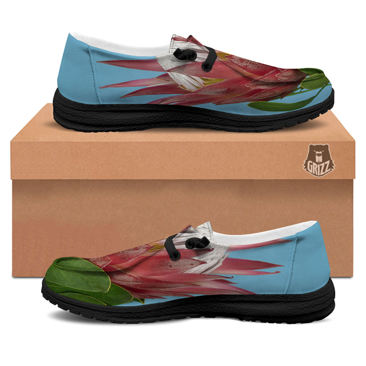 Flower Protea Print Black Loafers-grizzshop