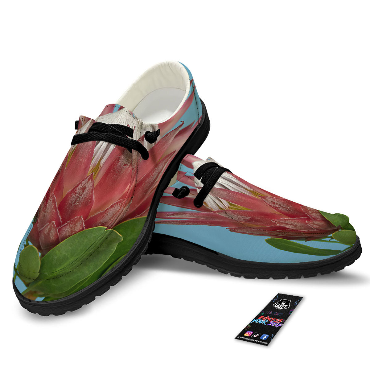 Flower Protea Print Black Loafers-grizzshop