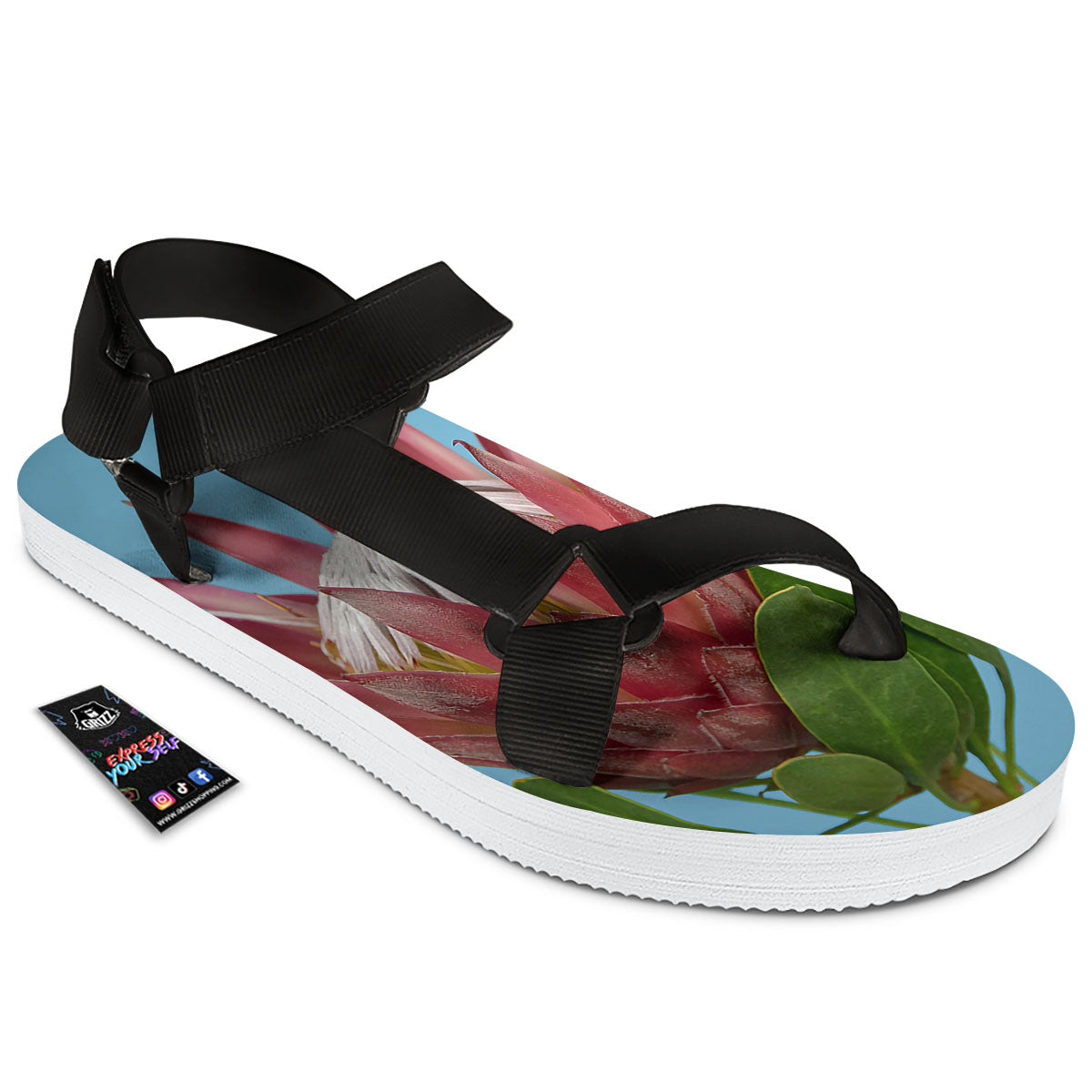 Flower Protea Print Black Open Toe Sandals-grizzshop