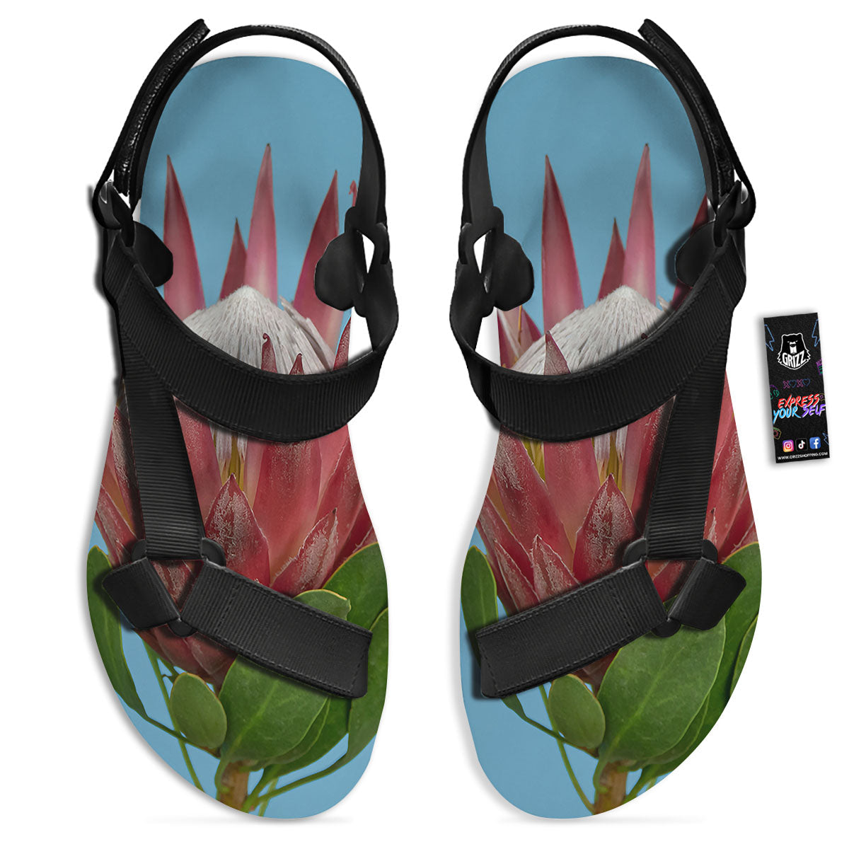 Flower Protea Print Black Open Toe Sandals-grizzshop