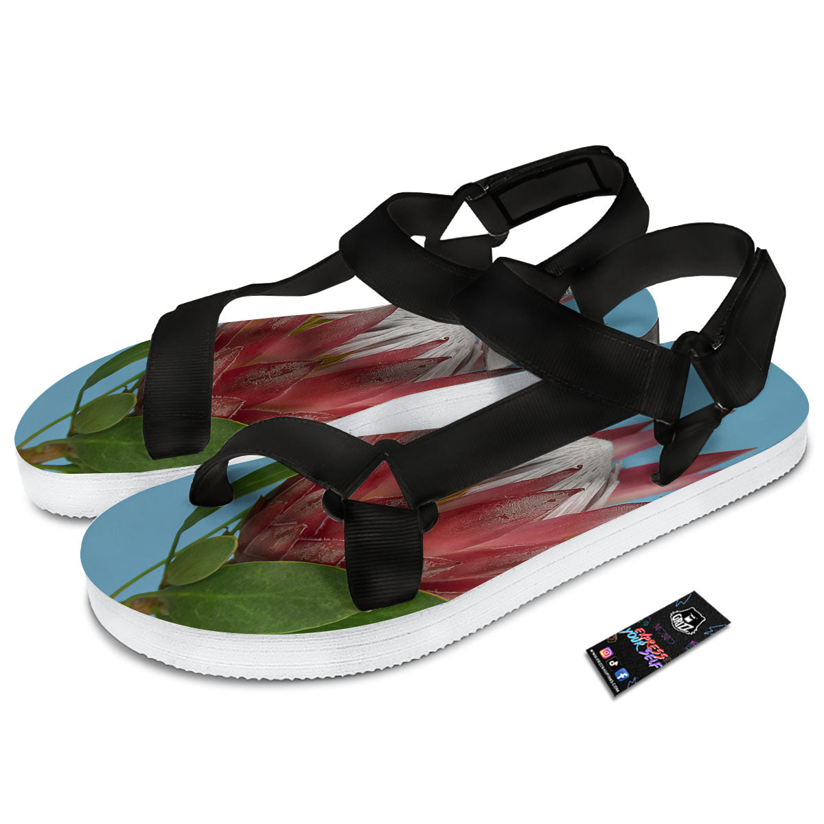 Flower Protea Print Black Open Toe Sandals-grizzshop