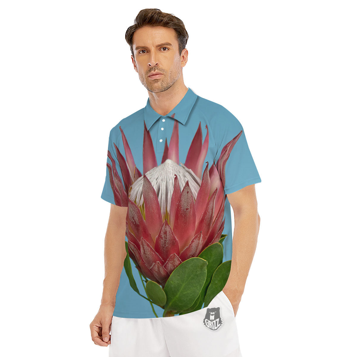 Flower Protea Print Men's Golf Shirts-grizzshop