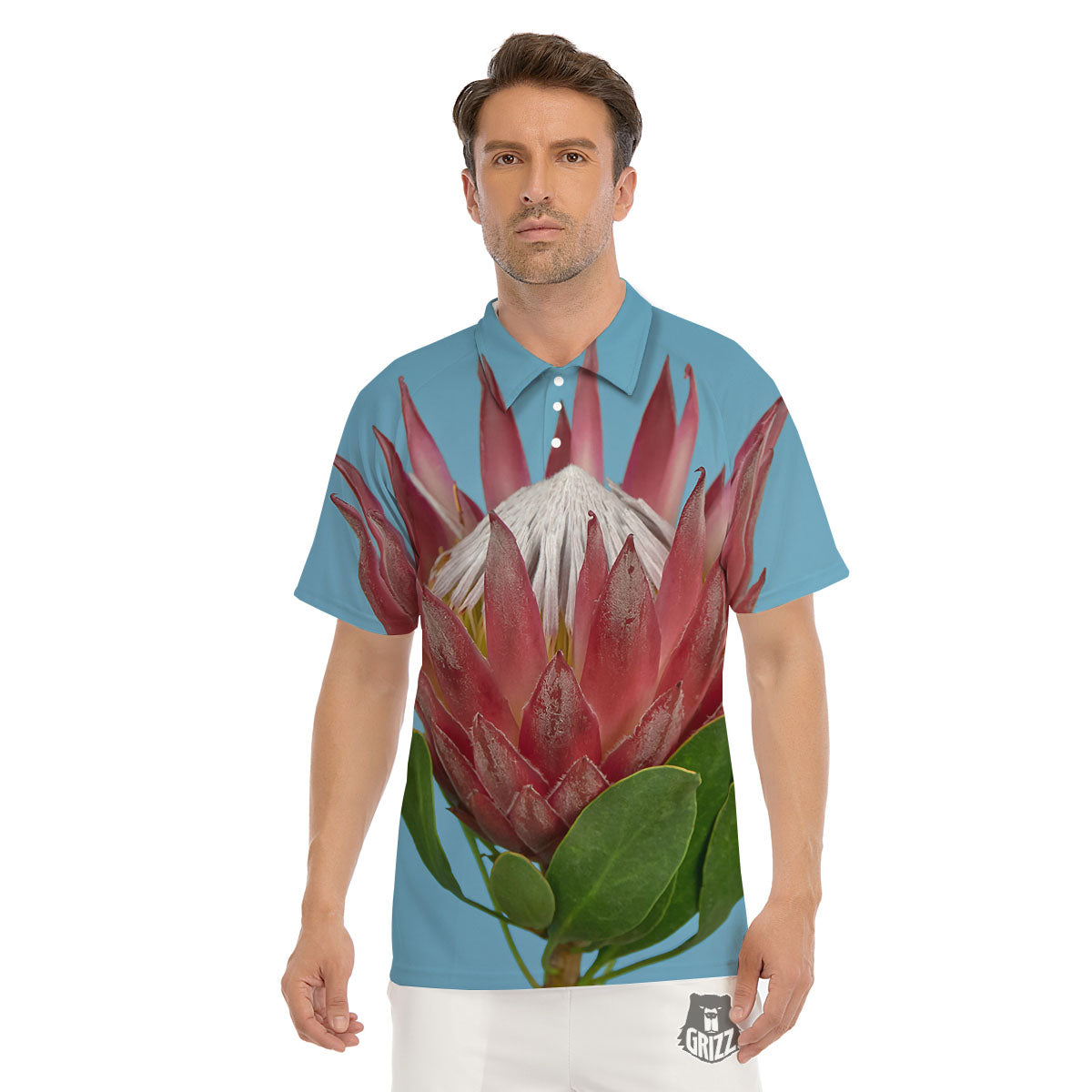 Flower Protea Print Men's Golf Shirts-grizzshop