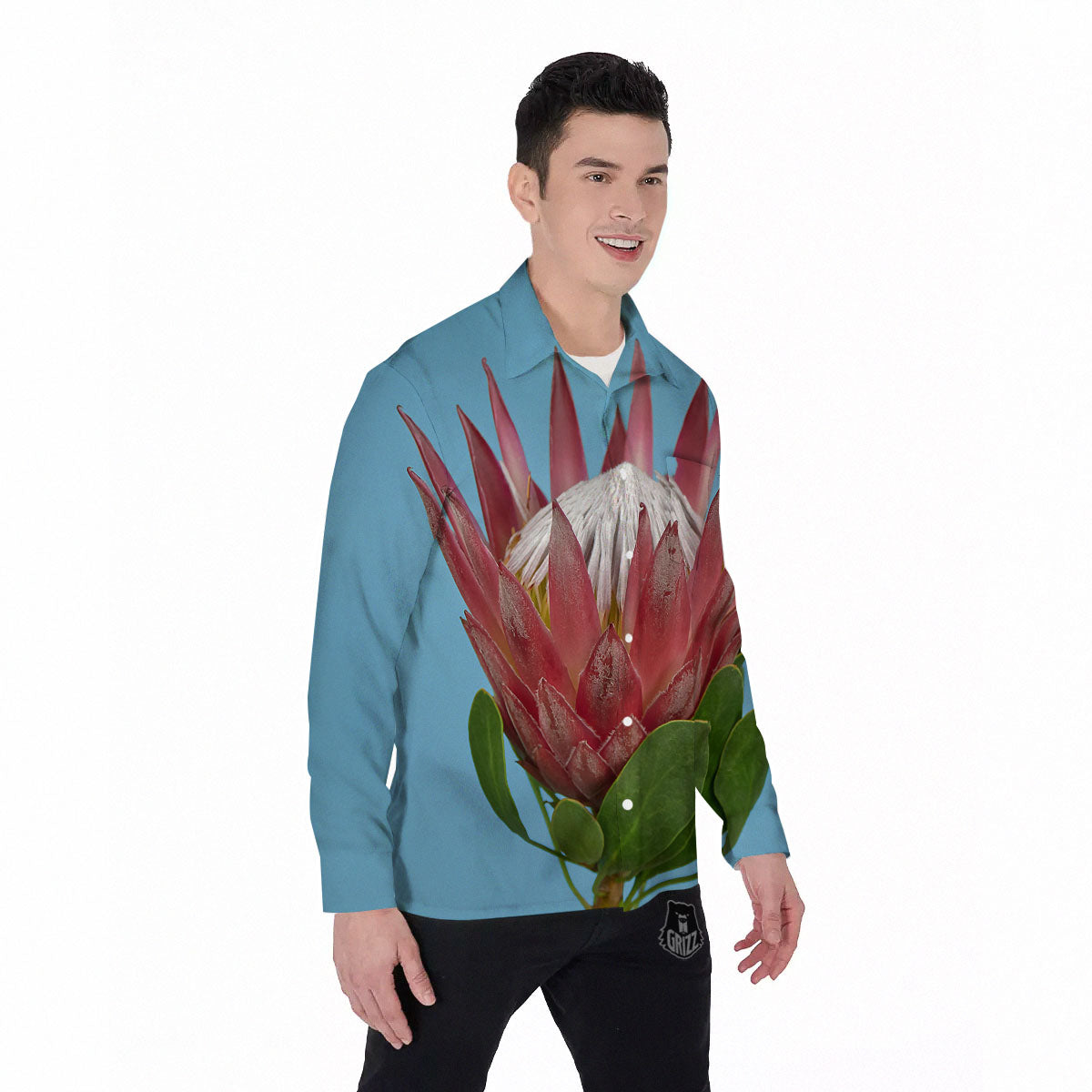 Flower Protea Print Men's Long Sleeve Shirts-grizzshop