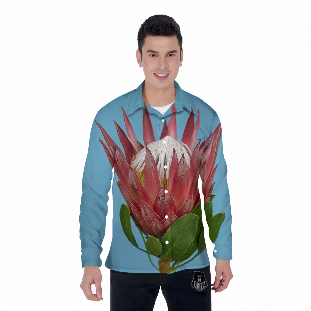 Flower Protea Print Men's Long Sleeve Shirts-grizzshop