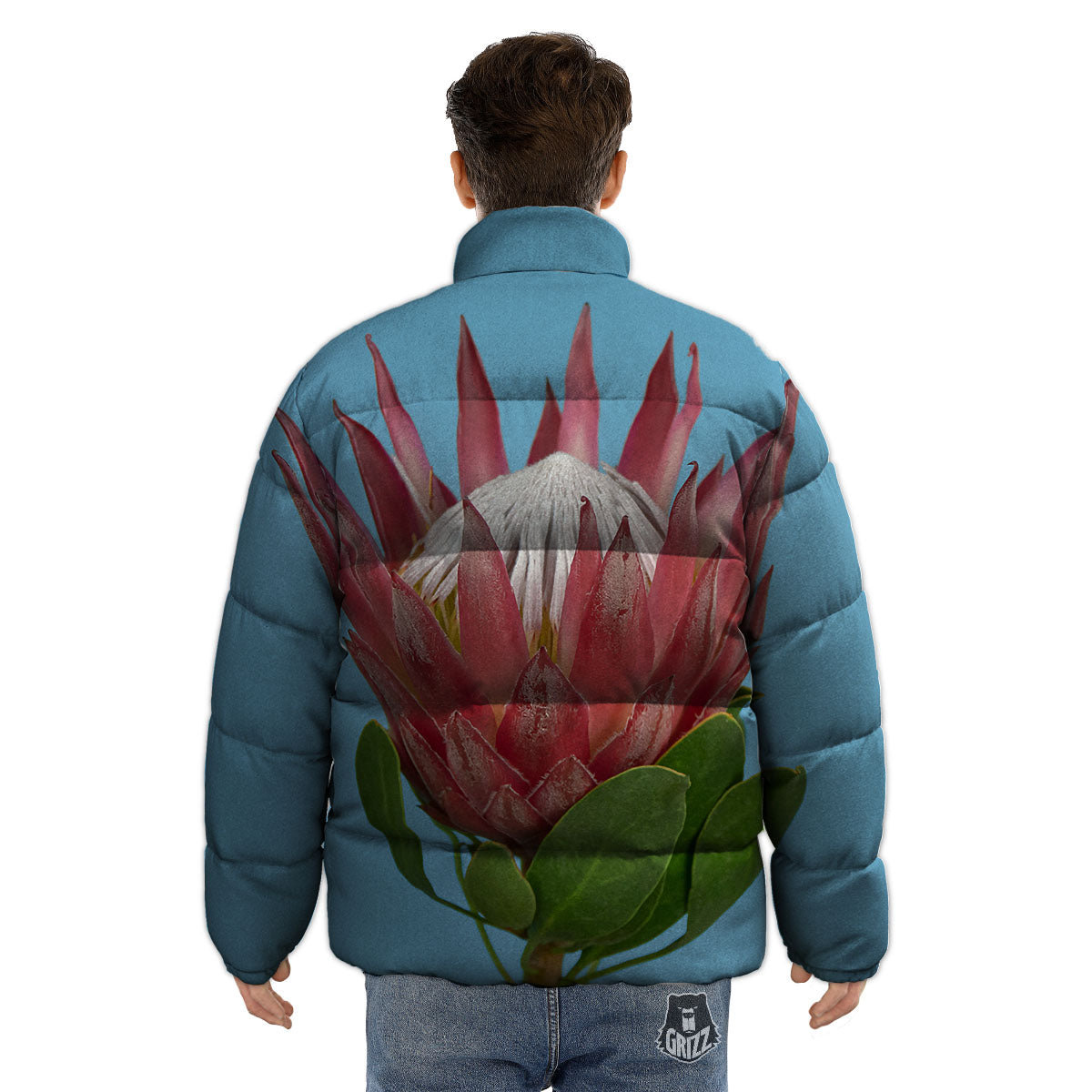 Flower Protea Print Puffer Jacket-grizzshop