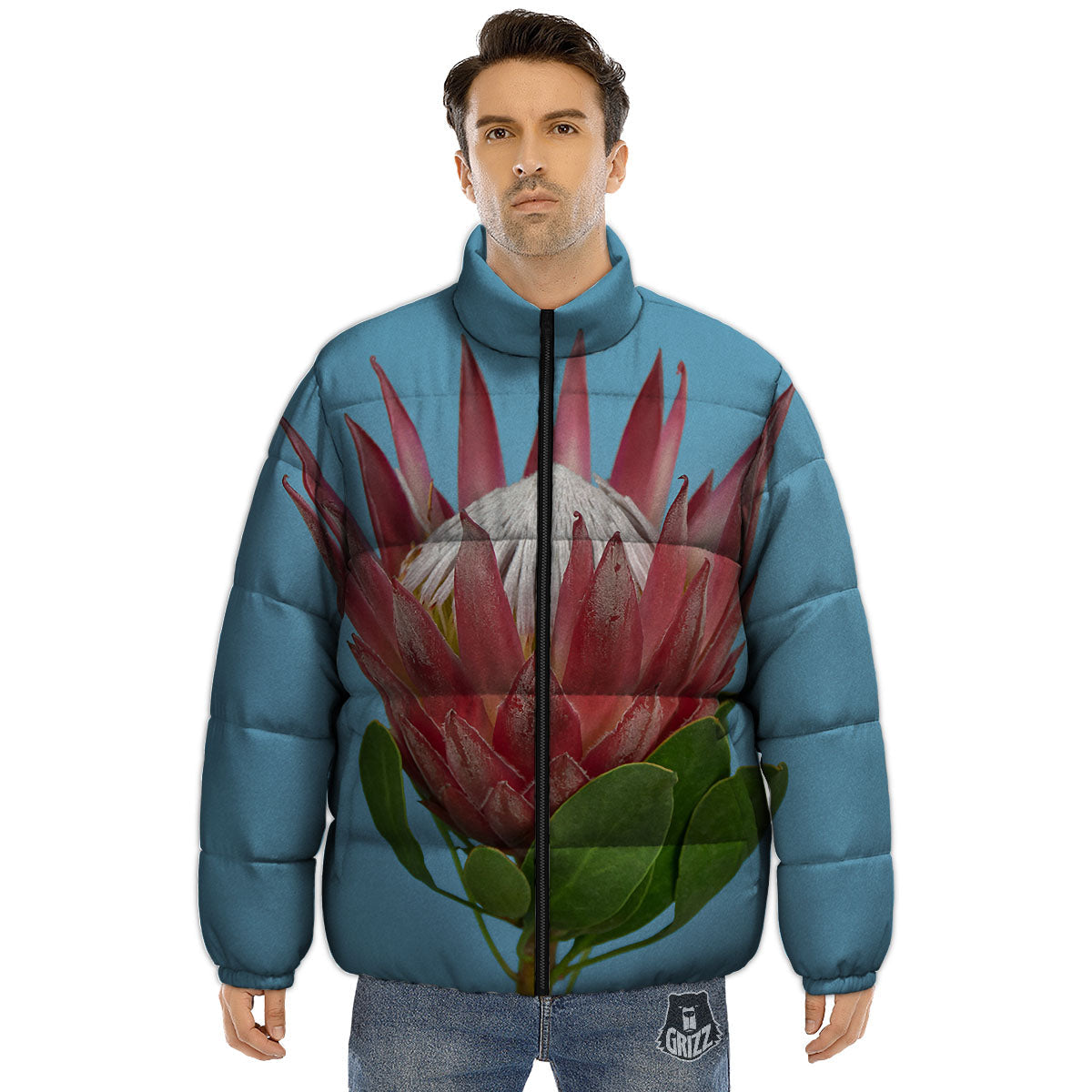 Flower Protea Print Puffer Jacket-grizzshop