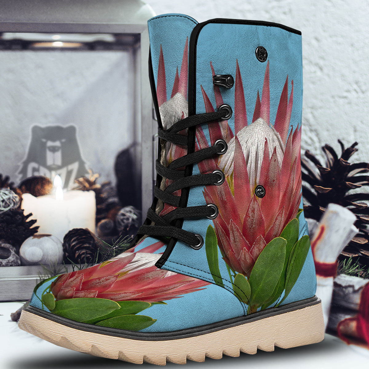 Flower Protea Print Snow Boots-grizzshop