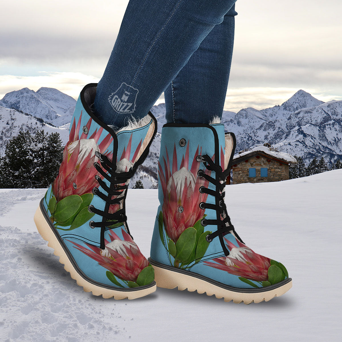 Flower Protea Print Snow Boots-grizzshop