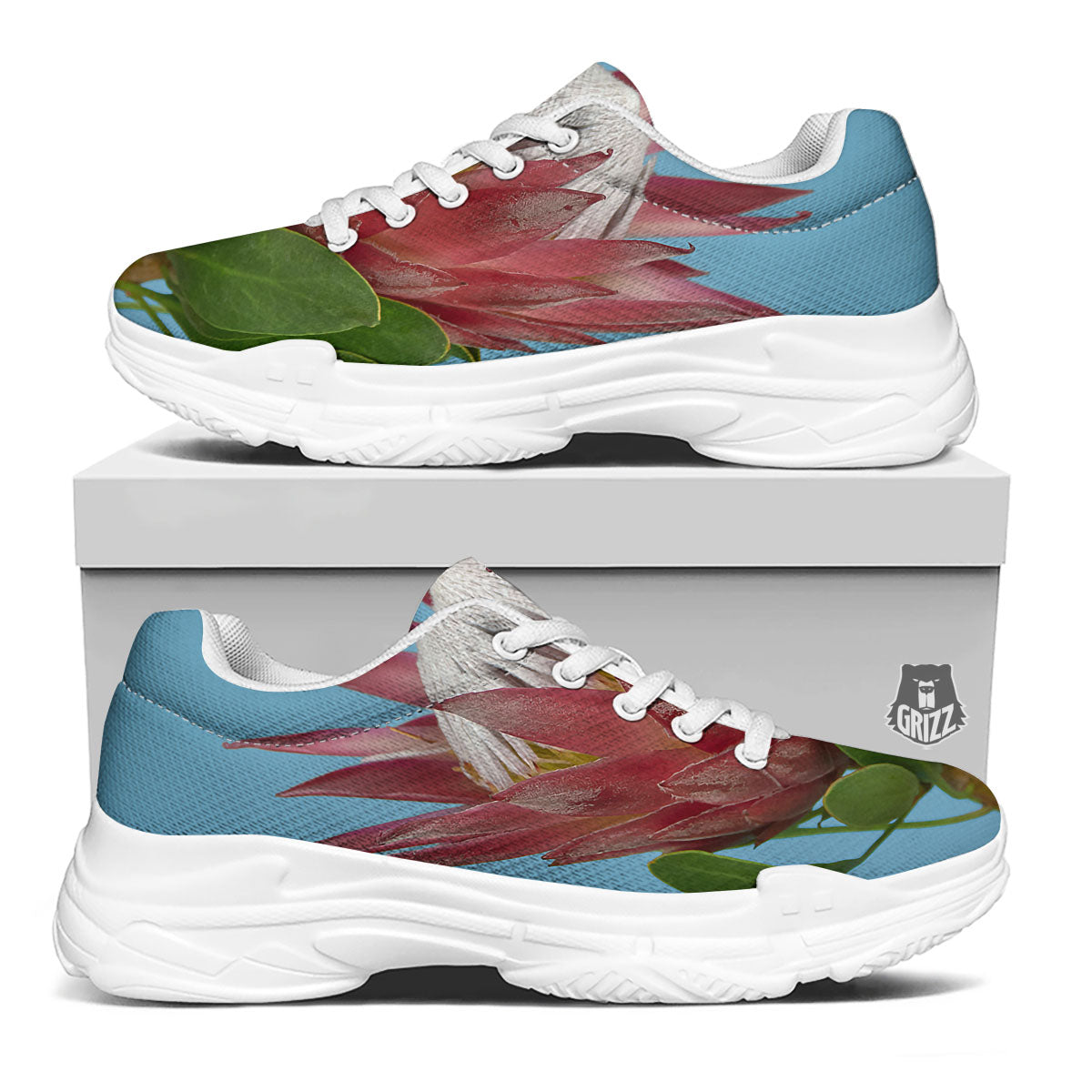 Flower Protea Print White Chunky Shoes-grizzshop