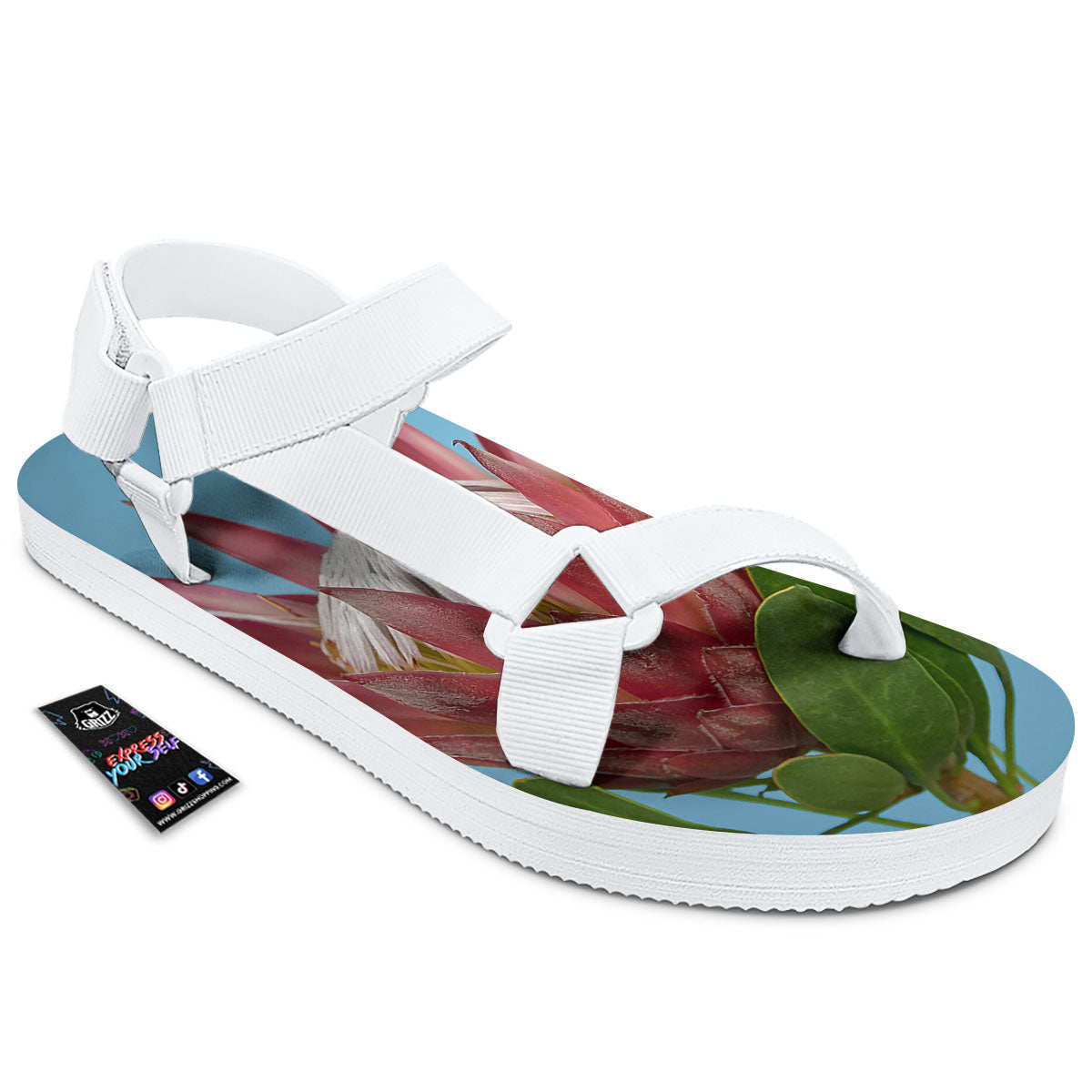 Flower Protea Print White Open Toe Sandals-grizzshop