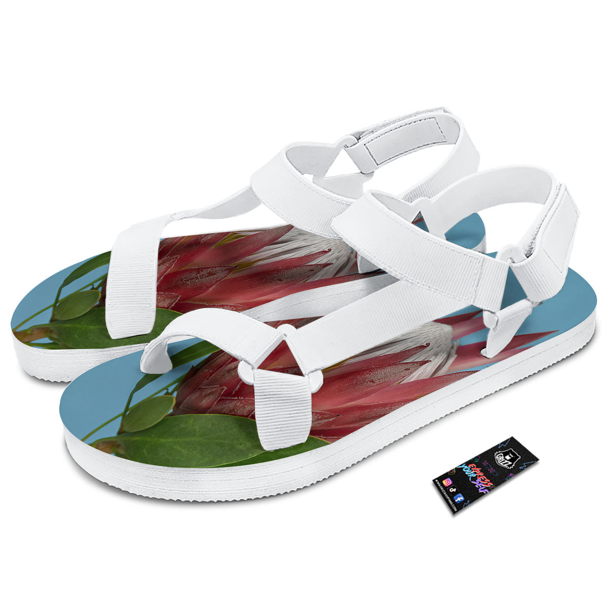 Flower Protea Print White Open Toe Sandals-grizzshop
