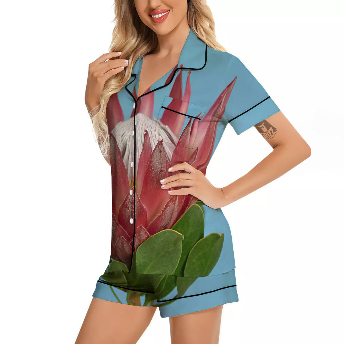 Flower Protea Print Women Silk Pajamas-grizzshop