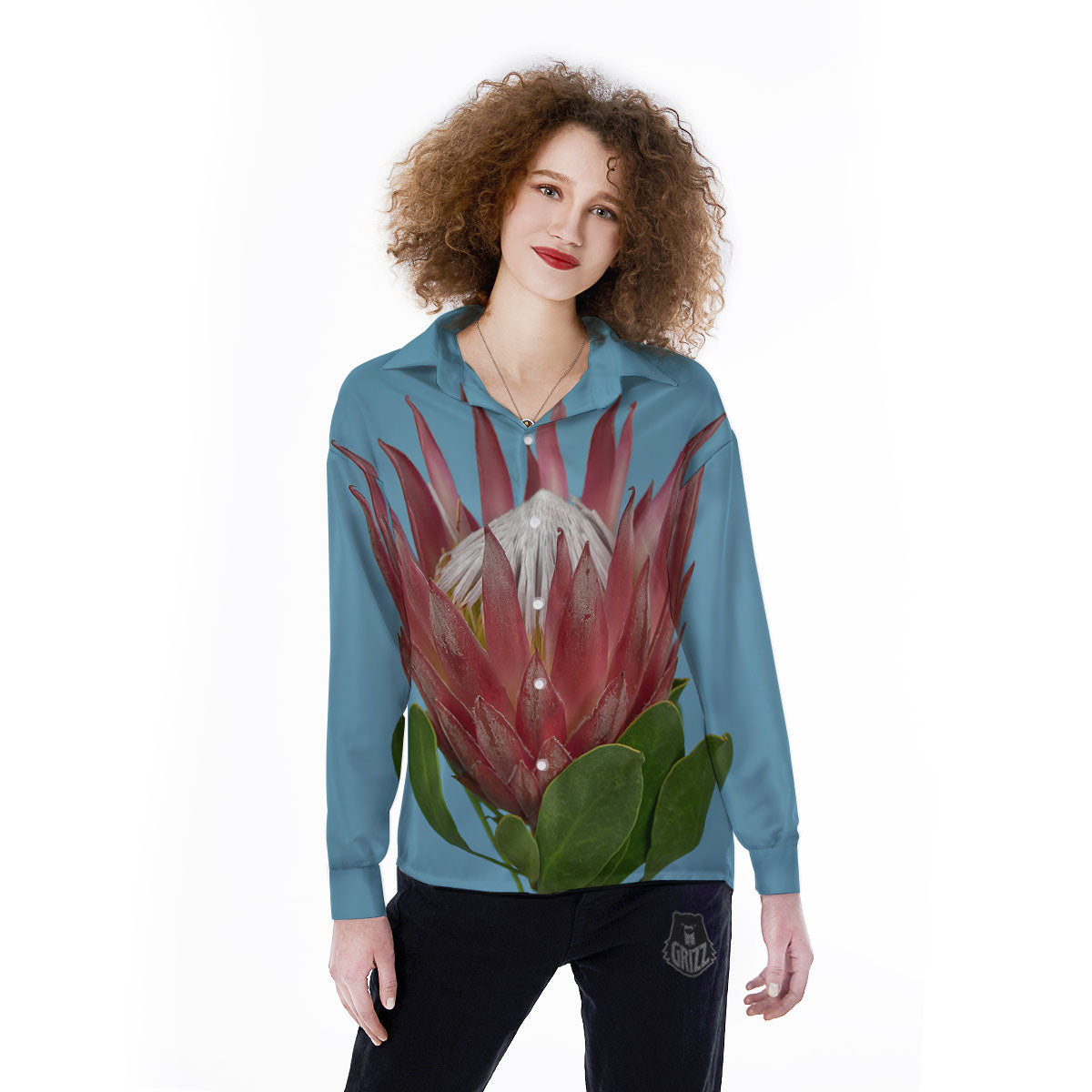 Flower Protea Print Women's Long Sleeve Shirts-grizzshop